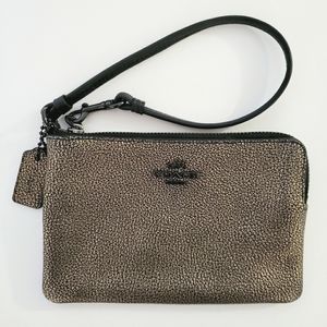 Coach Small L-Zip Metallic Leather Wristlet Wallet Brass